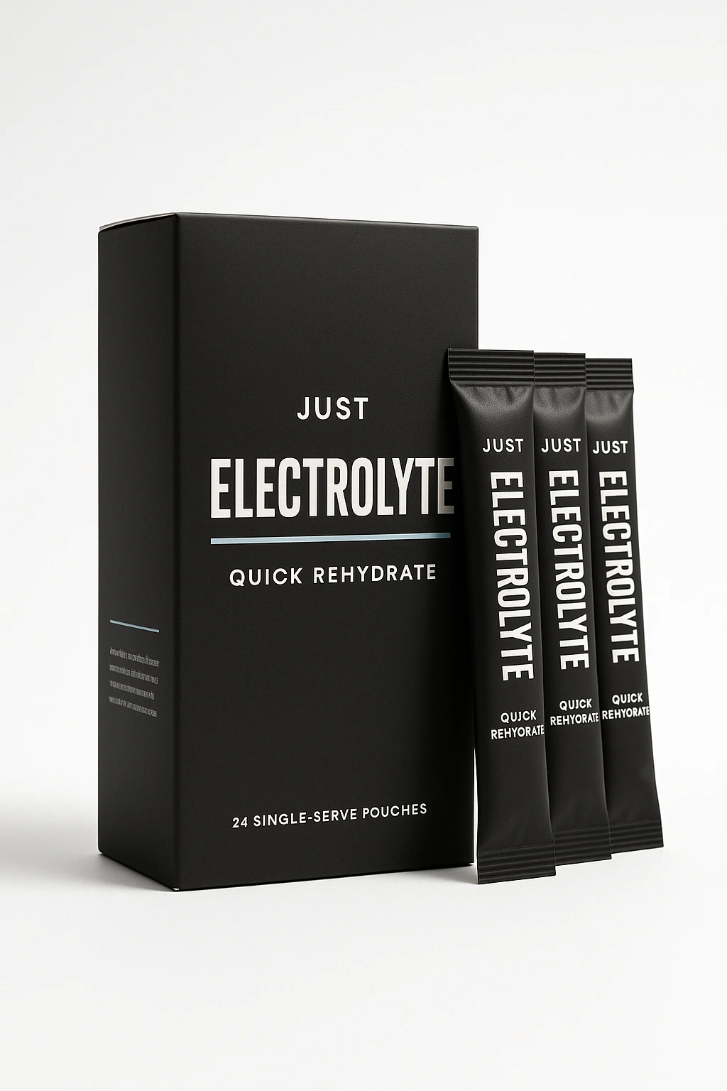 Just Electrolyte Quick Rehydrate matte-black carton with black single-serve sachets fanned in front, on a pure-white studio background, 'JUST ELECTROLYTE' wordmark facing forward