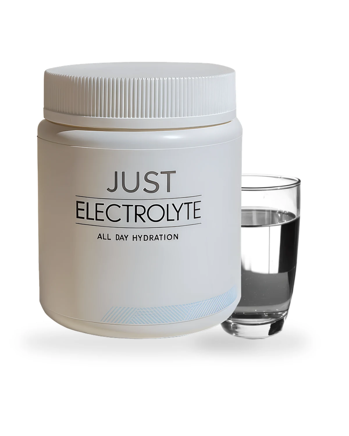 Just Electrolyte tub beside a clear glass of prepared electrolyte water, soft studio shadow on a white background