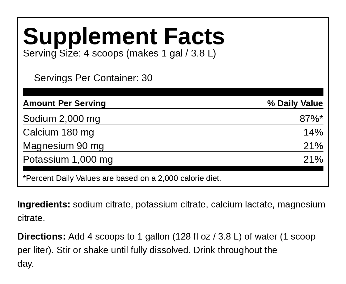 Just Electrolyte All Day Hydration Supplement Facts panel: 30 servings per container, sodium 2,000 mg, calcium 180 mg, magnesium 90 mg, potassium 1,000 mg per serving