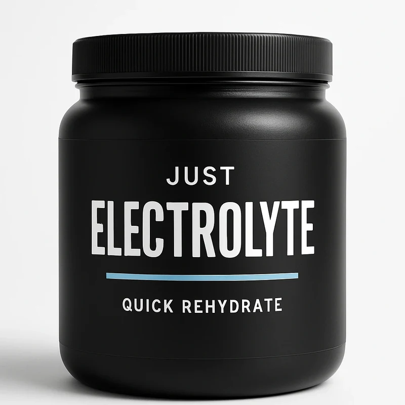 Black tub of Just Electrolyte Quick Rehydrate formula with white type